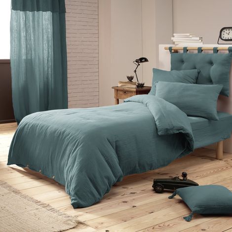 Housse de couette gaze de coton Bio 140x200 cm 1 personne Bleu canard (1/4)