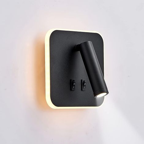 Aplique de pared LED, luz de lectura para mesita de noche, apliques de lectura de pared LED de 12 W, foco ajustable (3 W + 9 W, luz cálida de 3000 K), negro (cuadrado). (1/5)