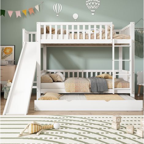 Cama litera infantil 250x172x170.5 cm blanca de pino y MDF con cama nido, tobogán y estantes (1/5)