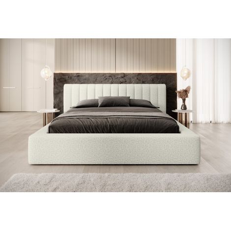 Bett mit Bettkasten CERVIN – Naturleinen Grau Bouclé – 180x200 cm – Hochklappbarer Lattenrost – Hochwertiges Design