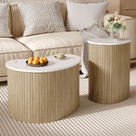 Ensemble de 2 tables basses modernes - Texture marbre - Aspect bois - Design irrégulier - MDF - Naturel (1/5)