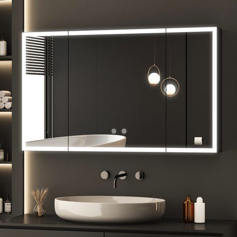 Spiegelschrank mit Beleuchtung 100x60 cm Bad Spiegelschrank mit Beleuchtung Badspiegel mit Beleuchtung Badschrank Hängeschränke mit 3 Einstellbare Lichtfarben Beschlagfrei, Schwarz (1/5)