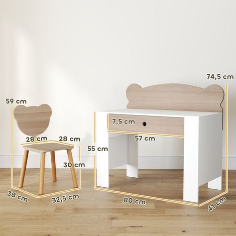 Ensemble bureau enfant avec rangement et tiroir, chaise ourson assortie, pupitre d'écolier, table de travail pour fille et garçon, bois massif naturel (1/5)