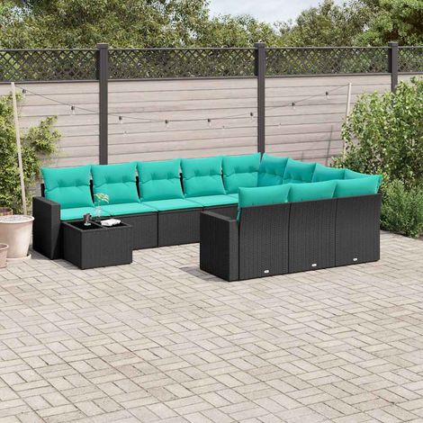 Salon de jardin 11 pièces en résine tressée PE noire avec table et coussins bleus - PANGIVO (1/5)