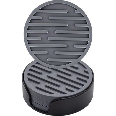 Lot de 6 dessous de verre ronds antidérapants en silicone avec support pour tasses, table, café, bar, boissons, dessous de verre (gris) (1/5)