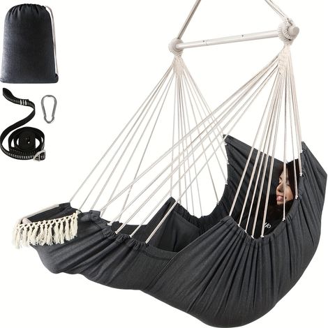 SIENTICE 190x100CM Chaise-hamac suspendue — Charge max. 500 lb — Barre d'écartement métallique robuste et pliable pour un rangement facile — Balancelle en coton doux — Sangles résistantes et mousqueto (1/5)