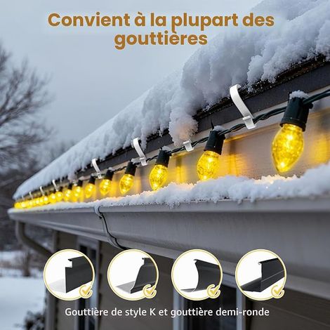 Crochets de gouttière pour guirlandes lumineuses - Attaches de fixation pour guirlandes extérieures, Supports de gouttière en plastique pour guirlandes et sapin - Blanc (1/4)