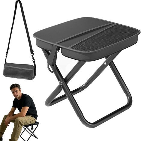 Tabouret Pliant Portable, Tabouret de Camping 28 × 26 × 26 cm Chaise de Camping avec Bandoulière Chaise Pliante Charge Maximale : 150 kg pour Camping Randonnée Pêche Plage Pique-Nique (Noir) (1/5)
