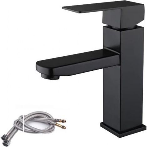 Grifo monomando de acero inoxidable negro para lavabo, con agua fría y caliente, y mangueras incluidas. Grifo monomando negro para lavabo de baño. (1/4)