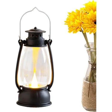 Lanterne de camping vintage à LED rechargeable, lampe de table d'extérieur rétro effet tempête, sans fil, lampe à flamme réaliste, décoration de fenêtre (1/3)