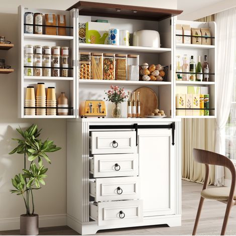 Credenza alta da cucina 80 x 39,8 x 180 cm con 4 cassetti, ripiani regolabili, bianco DESVIAE (1/5)
