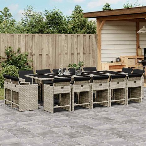 Ensemble à manger de jardin et coussins 15 pcs-Salon de jardin gris clair rotin 309572 (1/5)