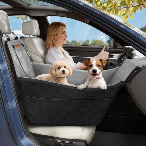 Erhöhter Hundesitz fürs Auto, bis 16 kg, waschbar, mit Memory Foam & Taschen (1/5)