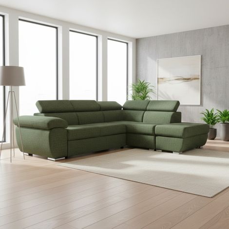 Divano Letto Angolare Fiona con Penisola Destra e Pouf Contenitore – Verde Oliva (1/5)