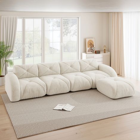 Divano angolare modulare 4 posti con pouf, senza montaggio, ciniglia beige chiaro HAVRYA (1/5)