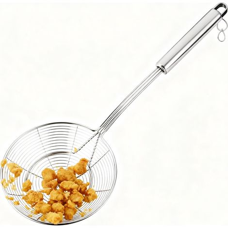 Schaumlöffel - Edelstahl-Brat- und Abtropfsieb - Extra stabiler Servierlöffel mit verstärktem Rand für Öl - Suppen und Nudeln - Abtropfen von Kartoffeln/Gemüse/Pasta - Abtropfsieb - Silber (1/4)