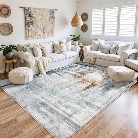 Tapis Salon Moquette Chambre Style Moderne Artistique Traditionnel Unique Tapis de Salon Doux à Poils Courts Antidérapant Intérieur Moelleux pour (Gris/Or, 160 x 200 cm) (1/5)