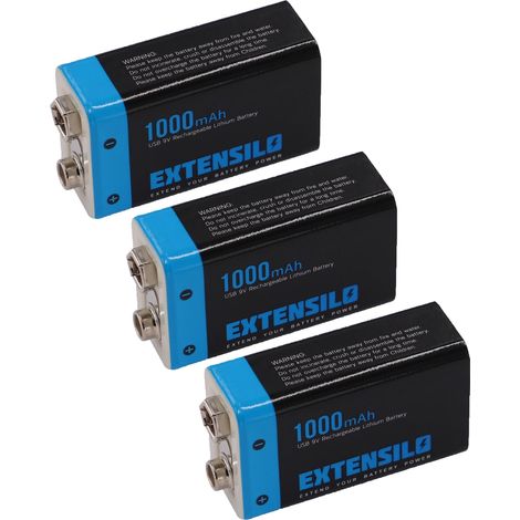 EXTENSILO 3x 9V-Akku Block kompatibel mit Daitem DC270, DC271, D21, DC272 (1 Ah, 9 V, Li-Ion), ready-to-use, mit Micro USB Buchse
