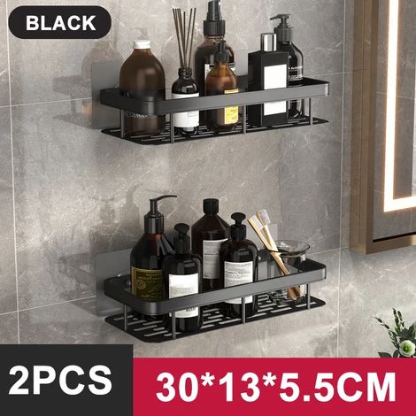 (Noir - Lot de 2) Étagère de salle de bain/rangement de cuisine en alliage d'aluminium, accessoire de salle de bain, étagère murale sans perçage (1/5)