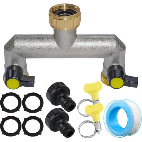 Conector de manguera de jardín de 2 vías, adaptador de manguera de latón de 3/4" - Válvulas divisorias de manguera para riego de jardín, grifos exteriores y temporizadores de riego. (1/5)