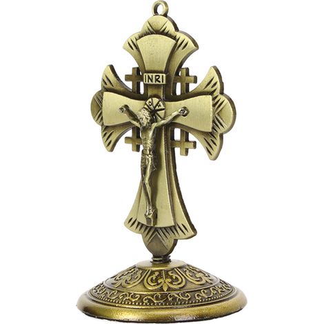 Croix crucifiée antique en alliage doré, décoration murale pour maison, collection de crucifix résistant à la rouille, ornement de croix décoratif. (1/5)
