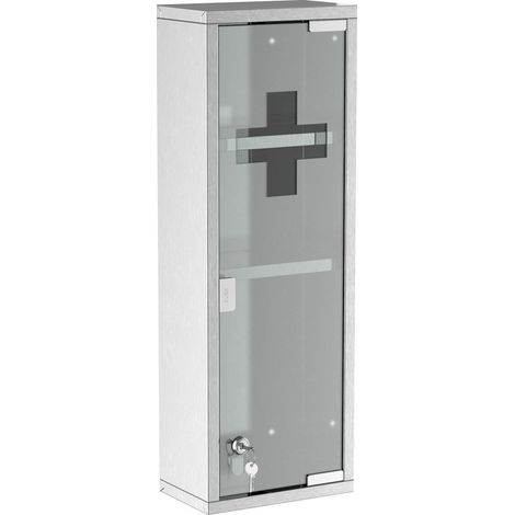 Armoire à pharmacie en acier inoxydable avec porte en verre trempé, verrouillable, à 3 compartiments, armoire de premiers secours, 20 x 12 x 58 cm, argent (1/5)