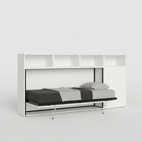 Cama abatible con colchón individual, armario y estantes blancos Kando A (1/5)