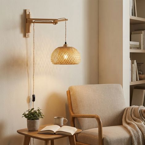 Applique murale articulée réglable rotin bois naturel  E27 Ø29cm
