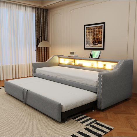 Cama tapizada extensible con estantes LED y USB gris OKMYHOME (1/5)