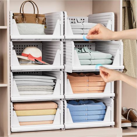 Set of 4 stackable collapsible plastic storage boxes for closet, kitchen, bathroom, bedroom (4 L), white (1/5)
