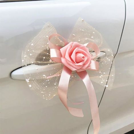 Ensemble de 4 nœuds décoratifs pour voiture Motifs roses et fleurs Idéal pour la décoration de mariage À fixer sur les rétroviseurs de voiture (1/4)