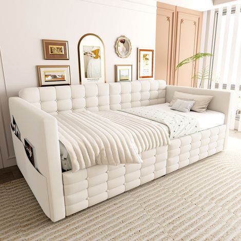 Lit/canapé-lit capitonné 90x190 cm, motif à carreaux classique, compartiments de rangement sur les côtés du lit, deux tiroirs sous le lit, convient comme lit d'appoint ou lit simple, tissu velours, be (1/4)