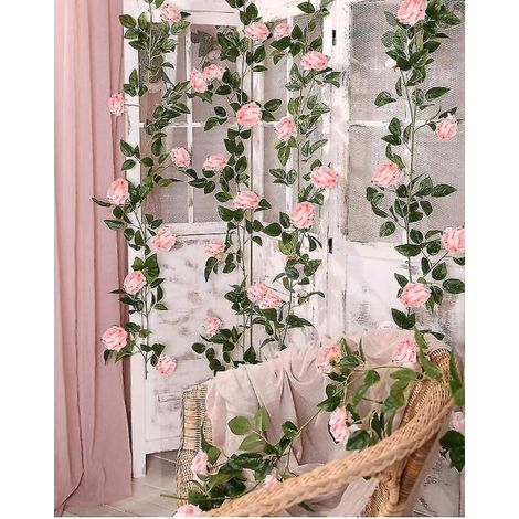 Guirlande de fleurs artificielles en soie, 2 m, roses et pivoines, à suspendre en extérieur pour la décoration de mariage ou de jardin.-AquaForge (1/4)