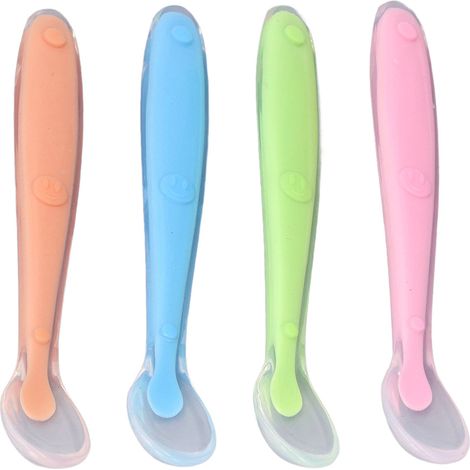 Set mit 4 weichen, abwaschbaren Silikon-Babylöffeln mit ergonomischen Griffen, ölbeständig, ideal zum Füttern von Kindern und Babys. (1/5)