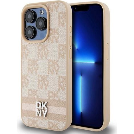Custodia rigida DKNY DKHCP15LPCPTSSP per iPhone 15 Pro 6.1, colore rosa/rosa, in pelle con motivo a quadri monocromatico e strisce stampate. (1/5)