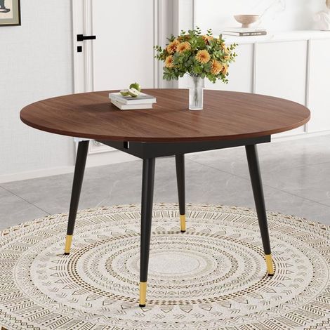 Table extensible - WESTYLE - Plateau transformable rond-ovale - MDF noir/noyer - Pieds métal accents dorés - 6-8 places (1/5)
