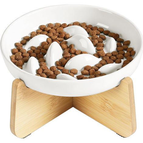 Gamelle anti-glouton surélevée pour chat et petit chien en céramique avec support en bambou, bol ergonomique pour digestion lente