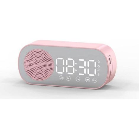 Réveil avec enceinte Bluetooth, écran LED miroir, radio, météo, deux alarmes puissantes, idéal pour les gros dormeurs, rose. (1/5)