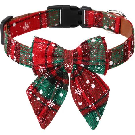 Collier de Noël pour chien avec nœud papillon : design à carreaux rouge et vert amovible, collier pour chien en cuir synthétique imité durable pour grands chiens, idée cadeau de fête, accessoire festi (1/4)