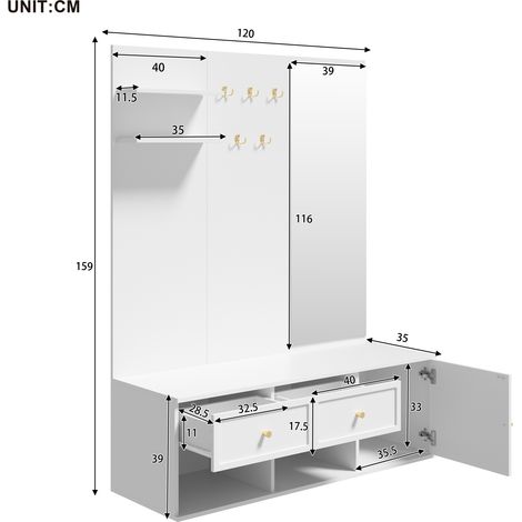 Ensemble de rangement pour entrée, armoire murale avec tiroirs, compartiment de rangement et étagère flottante, panneau porte-manteau avec 5 crochets, comprenant un miroir et un banc, blanc, 120 × 35 (1/4)