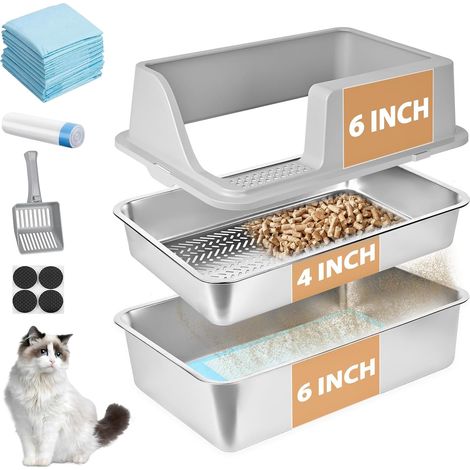 Cat Litter, Stainless Steel Cat Litter Tray for Pine Pellets, 60 x 40 x 15 cm, High Edge, Metal Litter with Lid, Plastic Scoop and 10 Urine Pads (6 in) (1/5)