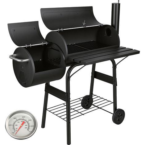 TolleTour Smoker Holzkohlegrill mit 2 Rädern und Temperaturanzeige, Grillwagen mit Deckel, Schwarz