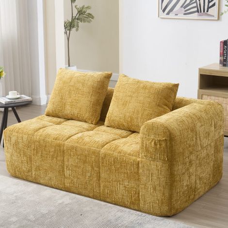 Bequemes Sofa für 2 Personen, kein Zusammenbau erforderlich, flauschiges Sofa mit einem Kissen, Seitentaschen für Fernbedienung und Handy, ordentlich und stilvoll, Gelb (1/5)