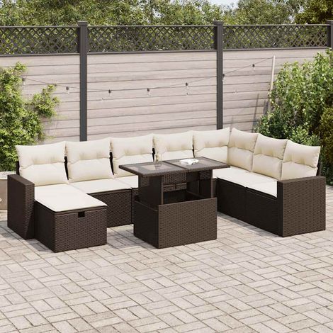 Ensemble salon de jardin résine tressée marron 9 pièces avec table extensible, tabouret et coussins crème lavables - Rangement intégré (1/5)