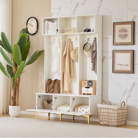 Mobile ingresso con panca, 6 ganci dorati, bianco 120 x 40 x 191,5 cm DESVIAE (1/5)
