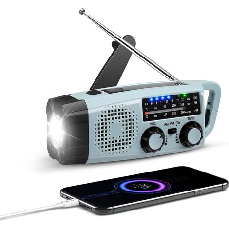 Notfall-Solarradio, AM/FM-Dynamoradio mit 2000-mAh-Powerbank, tragbare batteriebetriebene Radios mit Dynamolampe, SOS-Alarm, Solarpanel, Lautsprecher für Camping, Wandern im Freien