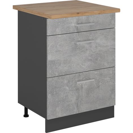 Meuble cuisine R-Line, Béton, 60cm avec tiroirs, PT Chêne, Vicco (1/4)