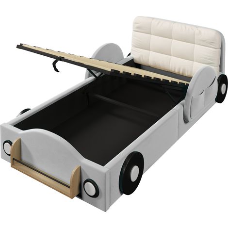 Letto imbottito 90x200 cm in velluto grigio con contenitore idraulico e nicchie (1/5)