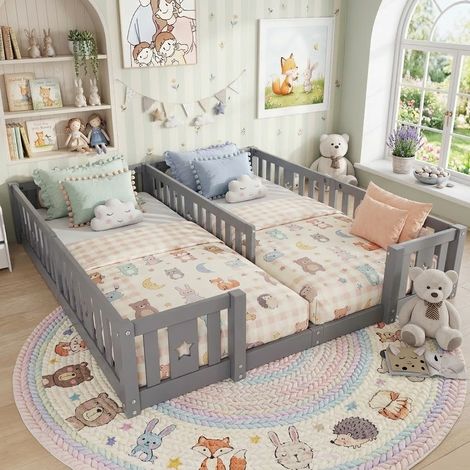 Kinderbett 180x200 cm mit Rausfallschutz und Lattenrost, massives Kiefernholz, Montessori-Bodenbett, Einzelbett - Weiß