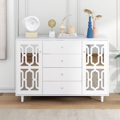 Sideboard 147x40x102 cm mit Sideboard 147x40x102 cm mit zwei Spiegeltüren, vier großen Schubladen, Kristallgriffen und abnehmbarer Laminatplatte, geeignet für Wohn- und Esszimmer – Weiß